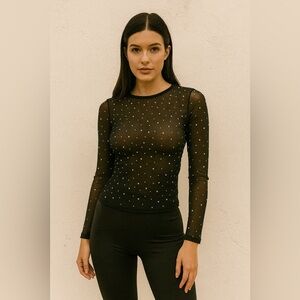 Zara Black Mesh Top Stretch Crew Neck Long Sleeve Gemstone Rhinestones S​​